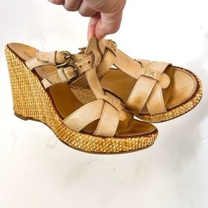 SUNDANCE Tan Leather T-strap Jute Wedge Double Buckle Slide Sandals Size 39